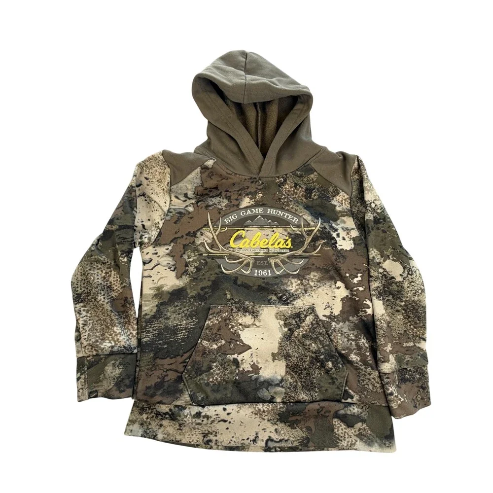 Cabela's Hoodie Kids M Multicolor Camo Big Game Hunter Graphic Fleece Pullover